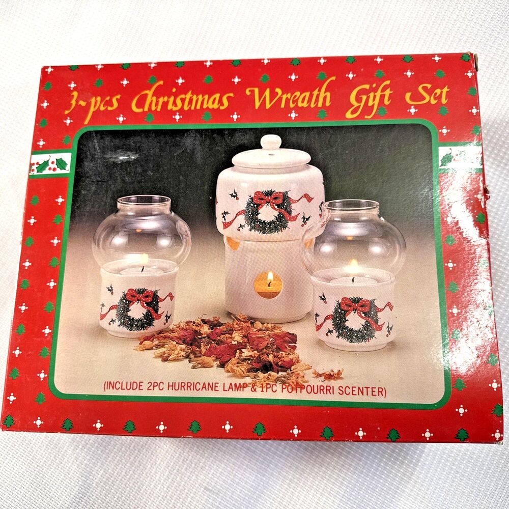 Vtg Porcelain Christmas Mini Hurricane Lamps & Potpourri Scenter 3 pc Set - NOS